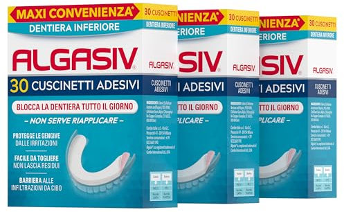 Algasiv Cuscinetti Adesivi Per Dentiera Inferiore, Dura Tutto Il Giorno e Protegge Le Gengive, Tenuta 20 Volte Più Forte, 3 Confezioni da 30 Pezzi