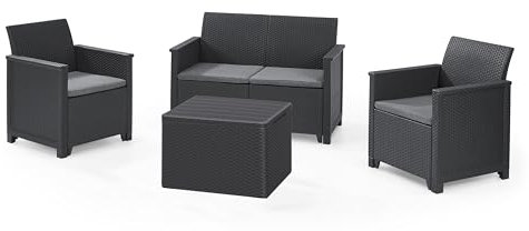Keter Emma 4 Seater Lounge Set – Grey | 1 x 2-Seater Sofa + 2 x Armchairs + Storage Table + Cushions | Rattan-Style Wicker | Weatherproof Resin | Easy DIY Assembly | Garden Patio and Balcony Furniture