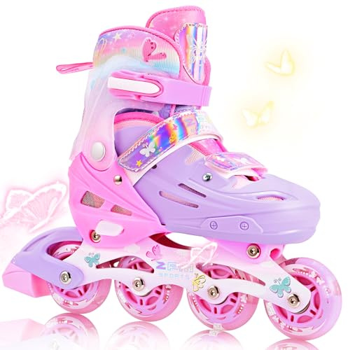 2PM SPORTS Pattini in Linea Regolabili per Ragazze (4-14 Anni) - Taglie 11C/1-8, Principianti, da Esterno, Design Rosa Farfalla