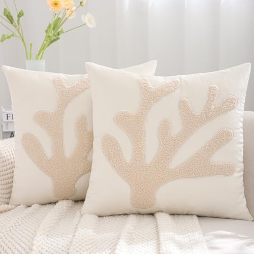 Tosleo Coastal Pillow Covers 18x18 Pack of 2 Beach Sea Coral Embroidered Throw Pillow Covers Beige Soft Velvet Pillow Cushion Cases Farmhouse Decor Ocean Themed Cushion Covers for Spring Summer