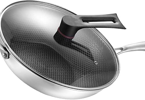 TARSHYRY Wok, Acero Inoxidable Wok 3 Capas de Doble Cara con Grabado Finamente Tallado Sartén para Cocina para Cocina (34 cm/13,4 pulgadas (con funda y orejas))