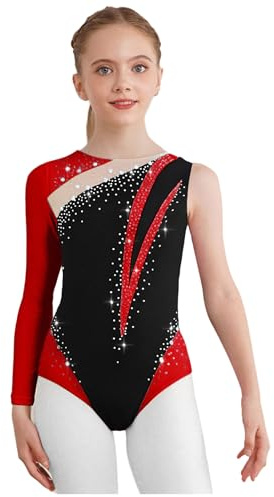 JEATHA Maillot De Gimnasia Ritmica Niña Leotardo Manga Larga Con Malla Transparente Mono Patinaje Artístico Disfraz De Bailarina Fiesta borgoña 9-10 años