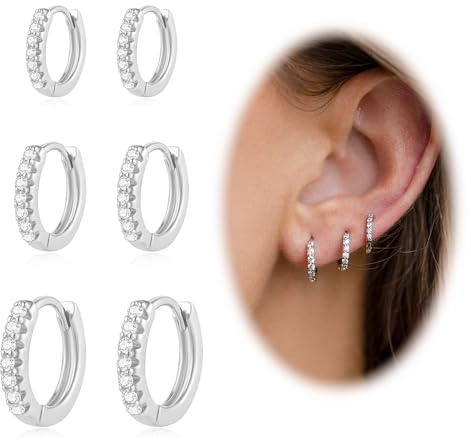 Set di 3 paia di orecchini a cerchio in argento 925, ipoallergenici medici, piccoli zirconi per helix, orecchio, cartilagine, orecchini dorati, da donna, 8 mm, 10 mm, 12 mm, 8 mm, Zirconia cubica