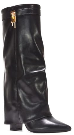 ESSEX GLAM Women's Fold Over Ladies Black Synthetic Leather Knee High Lock Buckle Boots Size 8