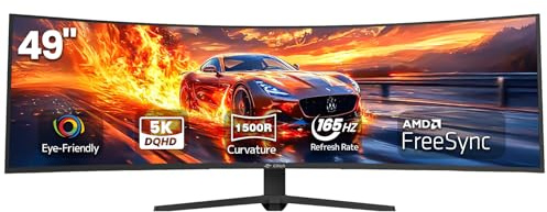CRUA 49 Curved Gaming Monitor | DQHD(5120 * 1440), 144Hz/165Hz, 1500R, 32:9, AMD FreeSync, 120% sRGB, Height Adjustable Ultra-Wide Screen Monitors, HDMI 2.1 & DP 1.4, Wall Mount Install- Black