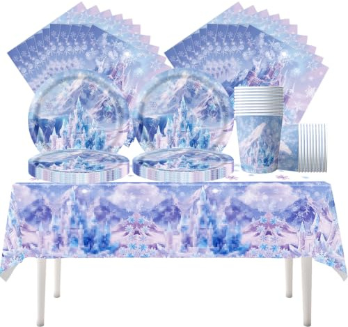 Fuwraixis Vajilla para fiestas de Frozen Castillo de hielo Decoraciones para fiesta Copos de nieve Juego de platos de papel para fiestas 61 piezas Vajilla infantil para cumpleaños