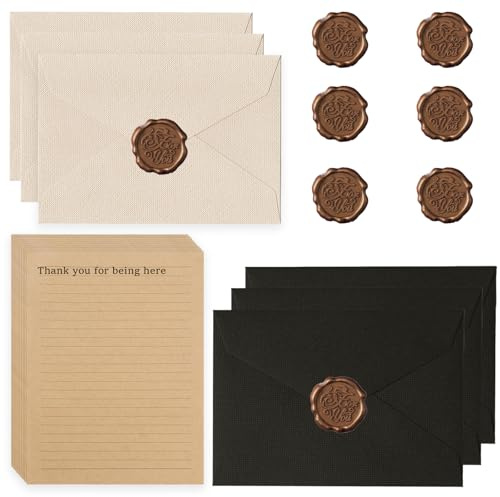 HaploS 22 Schwarz Briefpapier Vintage Papier Mit6 Leinenumschlag Umschläge | Kraftpapier Umschläge Set Mit 6 Wachssiegel 20 A5 Briefpapier Vintage Papier Für Geburtstag, Hochzeits Einladung Grußkarten