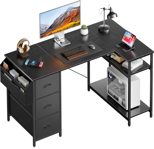 SOLAVERO Scrivania Angolare 120 x 78 cm, Scrivania a L con 3 Cassetti, Tavolo Computer con Borsa Portaoggetti, Ripiani regolabili, per Ufficio, Studio and Soggiorno, Tavolo Gaming Nero
