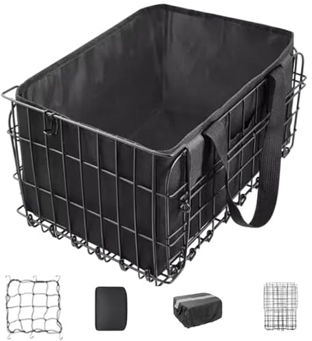 Bicycle rear basket,Bike Basket Rear, 15x11x8 Foldable Rear Bike Basket with Reflective Board, Liner Bag, Waterproof Cover, Cargo Net and Box f