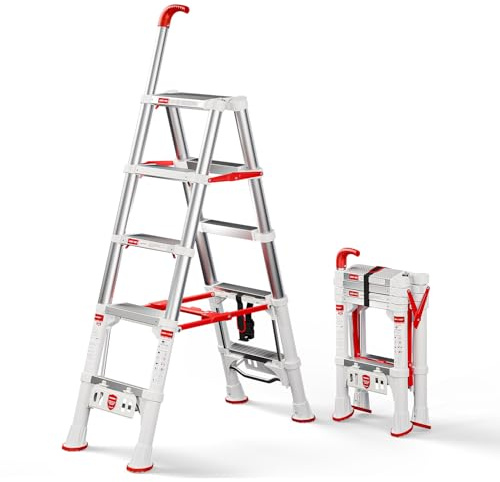 A-Frame Telescoping Extension Ladder，4.4FT Folding Step Stool with Safety Lock，Foldable Aluminum Ladder, Heavy Duty 5 Step Ladder 600lbs Capacity for Home Use