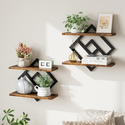 ELYKEN Floating Shelves for Wall, Set of 2 Hanging Shelves, Rustic Brown | 2-Tier Wall Mounted Storage Shelves for Decor, Books, Perfect for Living Room, Bedroom, Kitchen, Home Office, Bathroom, Study
