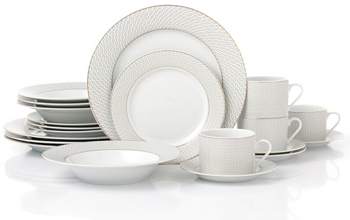 Waterside 20pc Premium Diamond Decor with Gold Band Porcelain Dinnerware Set; 4 Dinner Plates, 4 Side Plates, 4 Soup Bowls and 4 Cups & Saucers
