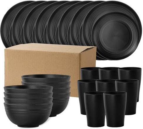Blendra 32 Pieces Plates and Bowls Set for 8,Microwave & Dishwasher Safe | Polypropylene Black Dinner Set,Include 22.5cm Dinner Plates, 19.5cm Salad Plates,320ml Cup,800ml Bowls(Black)