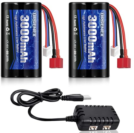 URGENEX Li-ion Akku 7.4V 3000mAh High Capacity with Dean-Style T Plug 2S Rechargeable RC Battery Fit for WLtoys 4WD High Speed RC Cars and Most 1/10, 1/12, 1/16 Scale RC Cars Trucks with Charger