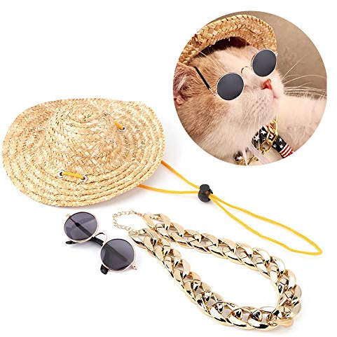 Yctze Pet Fashion Sunglasses and Retro Straw Hat Set with Collar Necklace - Cute Accessories for Cat Photography (3Pcs)