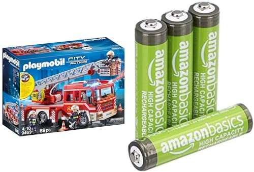 Playmobil Fire Ladder Unit, lights/sounds, 5+ years, 9463, & Amazon Basics AAA Rechargeable 4 pack, 850mAh