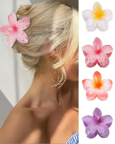 Pinza Pelo Flor, 4pcs Clips de Garras de Flores, Pinzas de Pelo en Forma de Flor, Flors Hawaiana Pelos, Hebillas de Pelos de Flors Antideslizante, Flower Hair Clip, para Niñas y Mujeres (Color A)