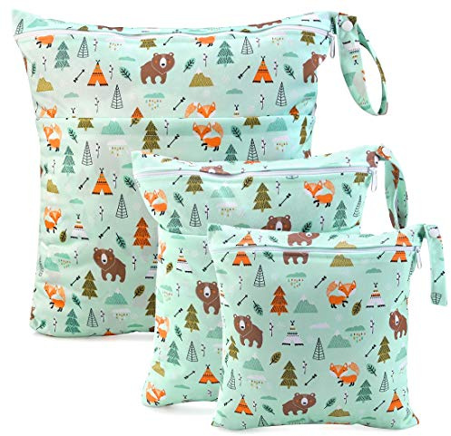 CeeKii Wet Dry Cloth Windeltaschen 3er Pack Waschbare Reisetaschen, wasserdichte Wet Bag, Baby Reusable Beach Pool Gym Bag mit Reißverschlusstasche und Druckknopfgriff