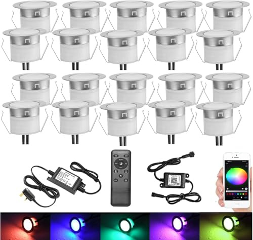 GEYUEYA Home RGB WiFi LED Decking Lights, Ø45mm IP67 Indoor Outdoor,20 Pack | Recessed Plinth Light with Remote Control, Ideal for Terrace, Patio, Kitchen Garden, 12V 0.5W Low Voltage Safe