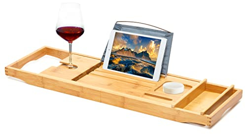 RoyalHouse Bamboo Bathtub Caddy Tray, Expandable Bath Table Over Tub with Glass Book, Adjustable Organizer Tray for Bathroom, Wine and Phone Holder, Ideal Gift for Family & Friends