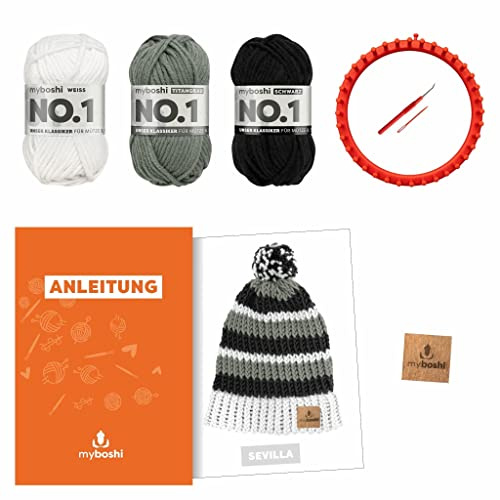 myboshi Strickring-Set Mütze Sevilla für Anfänger, inkl. No.1-Wolle, Anleitung, Wolle und Label, Strickringpaket, Loom-Set 30% Merinowolle Grau, mit Strickring