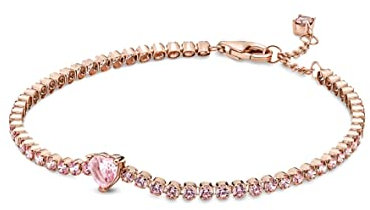 PANDORA Funkelndes Herz Tennisarmband in 14 Karat Rosévergoldeter Metalllegierung mit Künstlichen Kristallen, Gr.16, 580041C01-16