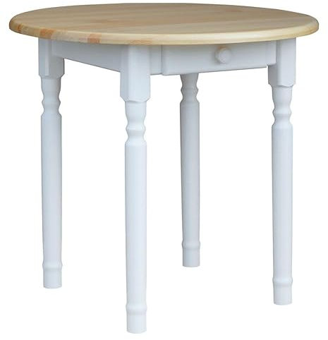 k koma Runder Tisch mit weißen Beinen und Schublade, lackierter Tischplatte in Kiefernholzfarbe (50 cm)