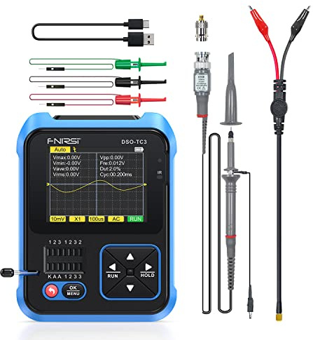 FNIRSI Osciloscopio DSO-TC3 - Osciloscopio de mano 3 en 1 y generador de señal DDS y probador de transistores, ancho de banda de 500 Khz, frecuencia de muestreo de 10 MSa/s, 6 tipos de formas de onda,