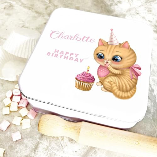 Square Watercolour Pink Cupcake Cat Birthday Personalised Cake Tin Personalised Gift | Custom Gift | Personalized Tin | Cake, Biscuit & Treat Tins | Gift For Her | Gift For Him