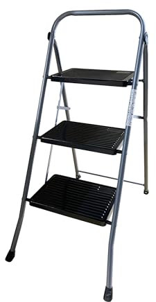 Escalera Plegable de Metal Domestica Color Gris Oscuro, Taburete Plegable peldaño Extra Ancho y con Apoyabrazos Carga hasta 150 KG (3 peldaños)
