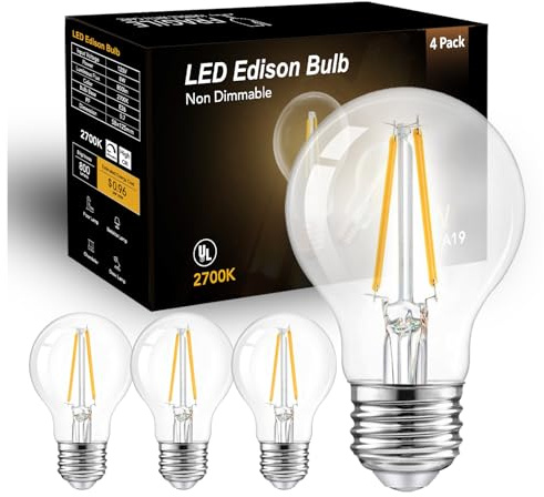 dalattin A19 Vintage LED Edison Bulbs, 60W Equivalent Light Bulbs, 2700K Soft White, Clear Glass Filament Bulb, Efficient 8W, E26 Base, 800 LM, CRI80+, Non-Dimmable for Home, Farmhouse, 4 Pack