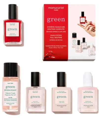 Manucurist Green™ System Rot (Poppy Red) Nagellack Set – Nägel Selber Machen - Vegan: 1 Fettlöser, 1 Base Coat und Top Coat, 1 Nagellack Poppy Red, Trocknungstropfen– Geschenke für Frauen