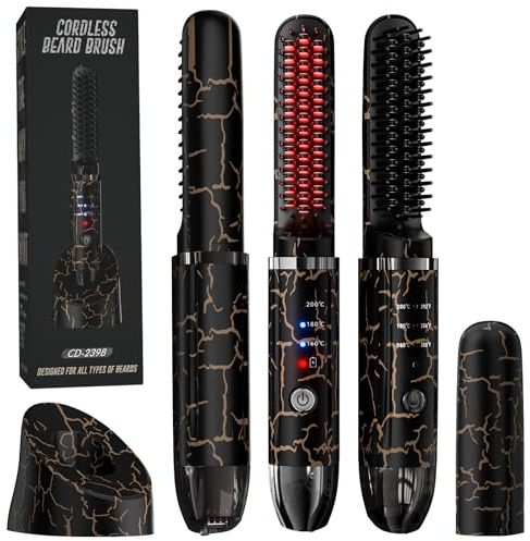 Beard Straightener for Men, Cordless Beard Heated Brush and Hair Straightener Hot Comb with 3 Temp Settings, Anti-Scald, Ionic Technology for Home Travel