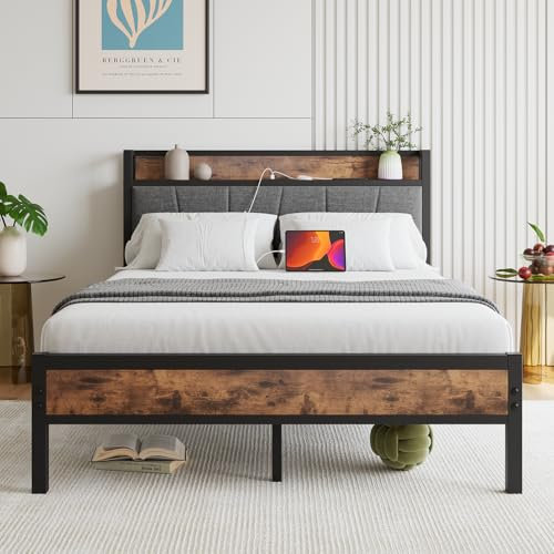 BORPHOM 4ft6 Double Bed Frame with Charging Station,Storage Shelf Headboard,Metal Platform Upholstered Bed Frame Double Bed No Box Spring Needed,Strong Steel Slat Support/Noise Free/Grey