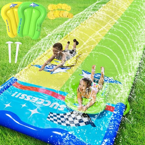 JONRRYIN Tobogán de Agua, 600cm Doble Tobogán de Agua y 2 Bodyboards, Tobogán Hinchable con Rociador, Juguetes de Verano de Exterior, Jardín y Playa para Niños Adultos