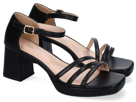 Sandali da Donna con Tacco, Comodi ed Eleganti, dal Design Moderno con Cinturini sulla Tomaia e Tallone Chiuso con Fibbia. Nero Talla 40