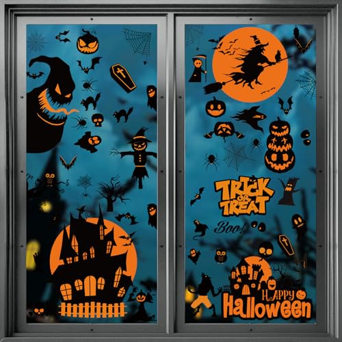 SLWOO Halloween Deko - 98 Stück Halloween Fensterbilder Selbstklebend, Kürbis Spinnennetz Fledermaus Fenstersticker, Horror Skelett Geister Fensterdeko Aufkleber für Zimmer Spukhaus Party Dekorations