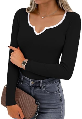 Aseniza Tee-Shirt Femme Manches Longues Col V T-Shirt Coton Stretch Top Ajusté Chic et Élégant Chemise Basique Décontracté - Haut pour Printemps Automne Noir,L