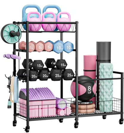 HavenlyYouth 4-Tier Weight Rack Storage for Home Gym, Adjustable Dumbbell Stand Organizer with Wheels, Holds Dumbbells, Kettlebells, Yoga Mats, Fitness Equipment & Workout Accessories