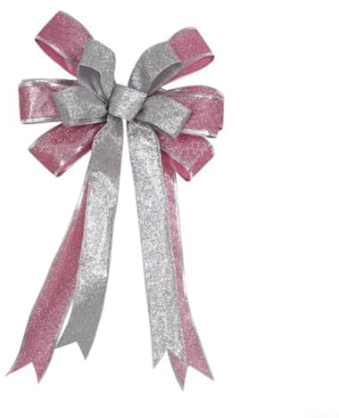 Oniissy Weihnachtsbaum-Schleife, 24 x 41 cm, Stoff und Goldstaub-Material mit Drahtband für Türen, Kränze, Fenster, Zäune, Kamine und Garten (Silber + Rosa)