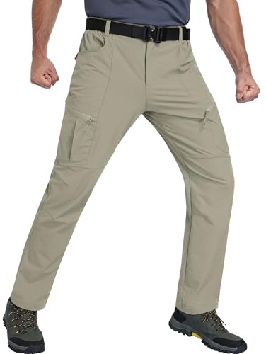 Zoofly Mens Travel Pants Light Weight Elastic Waist Cargo Work Pants Mens Stretch Climbing Pants with Pockets Waterproof Light Khaki 34W*30L