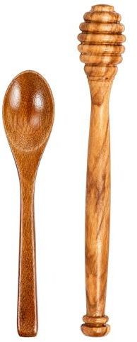 Honey Spoon Set, Wooden Honey Dipper and Honey Sticks, Olive Wood Honey Drizzler for Kitchen Use, 2-Piece Set with 15x2 cm Dimensions