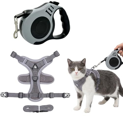 Katzengeschirr mit Leine Ausbruchsicher, 2er-Set Verstellbares Katzenleine & Geschirr, Atmungsaktives Mesh mit Reflektierenden Streifen 5 Meter / 16 Zoll Zugseil,Geeignet für 4-9 kg(M, grau)