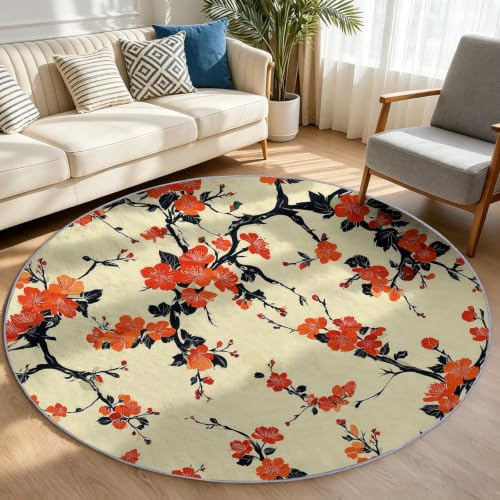 Générique Tvättbar rund matta vardagsrum, blommor grenar plommonträd kort lugg mjuk halkfri golvmatta för vardagsrum sovrum kök balkong terrass matsal inomhus - 60 cm, japansk stil