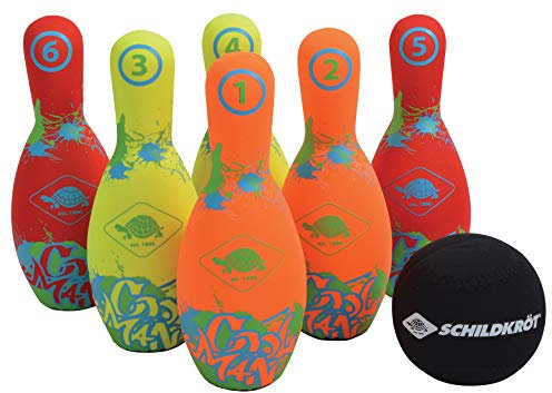 Schildkröt, Bowling, 6 (21, 5cm), 1 Ball (Ø9cm), im Kartonträger mit Meshbag, Kinderkegeln, Neopren Kegel Set, 970227,