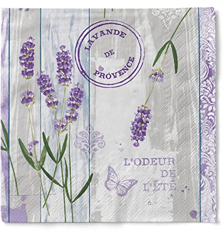 Sovie HOME Serviette LAVINIA aus 3-lagigem Tissue, 33x33cm, 20 Stück, 1/4 Falz, Design Lavendel auf beige-grauem Hintergrund, hochwertig, festlich, dekorativ, Party, Feier