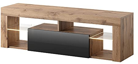 Selsey Meuble TV Armoire De Télévision Debout 140 cm Salle De Séjour Chambre À Coucher Chêne Lancelot/Noir Brillant Bianko