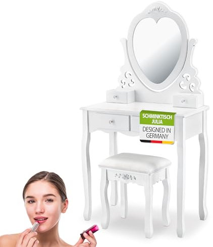 Juskys Schminktisch Julia mit Spiegel, Hocker & 4 Schubladen, 74 x 40 x 138 cm, Landhausstil, MDF Holz, Kosmetiktisch Frisiertisch Kommode - Weiß