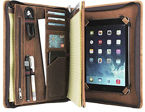 Konferenzmappe A4, Schreibmappe Leder, Ledermappe Dokumentenmappe mit a4 Klemmbrett/Reißverschluss, Businessmapp Tablet Mappe Organizer für iPad 9.7/iPad Pro 9.7/iPad Air 2/iPad Air