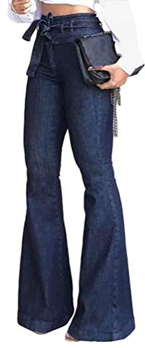 ORANDESIGNE Femme Jean Évasé Pants Pantalon Stretch Zippé en Denim Elastique avec Poche Bootcut Casual Vintage Jeans Pantalon A Bleu S